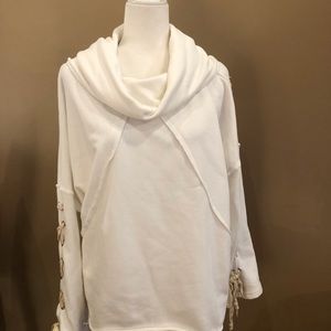 P.O.V. White Cowl Neck Sweatshirt Hoodie with Shoelace Detail on the Sleeve.L